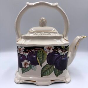 VTG Crown Dorset Staffordshire England Plum Floral Rectangular Teapot Gold Trim